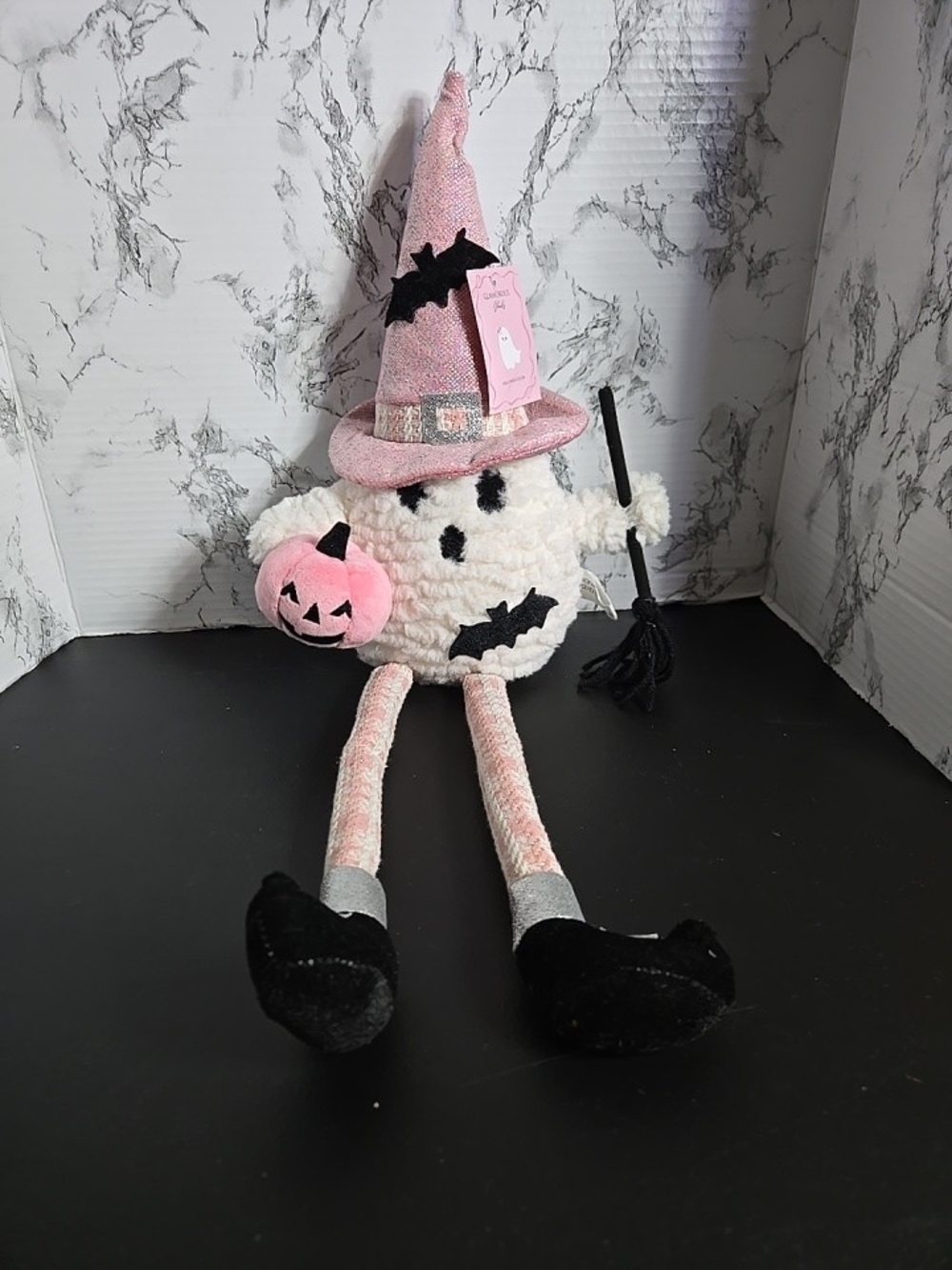 Glamorous Pink and White Plush Halloween Witch Doll with Bat & Pumpkin